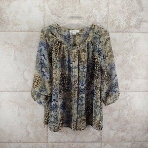 Button Front Floral Leopard Sheer Tiered 3/ 4 Sleeve Tunic Liz Claiborne Size M